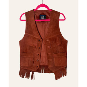 Vintage OUI International Suede Leather Fringe Vest - Size S